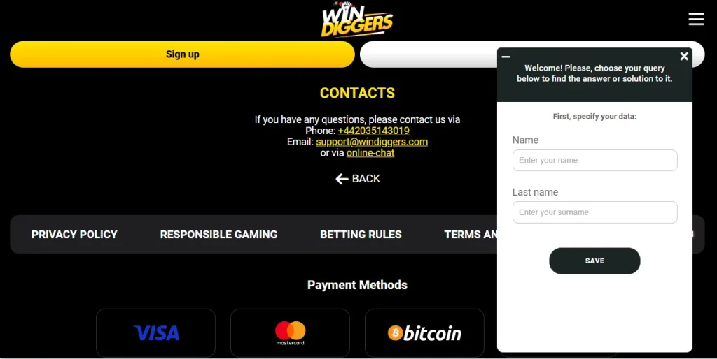 Win Diggers Casino support.